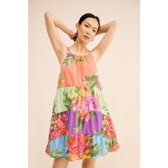 NWT Size S - Farm Rio 100% Cotton Halter Floral Tiered Mini Dress (NWT US$ 188) - Picture 2 of 15